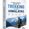 Trekker on a Himalayan trail with prayer flags in the foreground