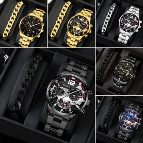 2pcs Men's  Watch and Bracelet Set - Steel Strip, Business Style