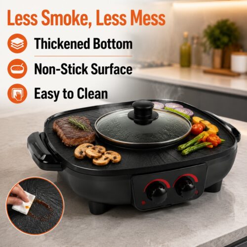 2-in-1 Electric Hot Pot BBQ Grill – 1360W Non-Stick with Glass Lid 5 electric hot pot bbq grill
