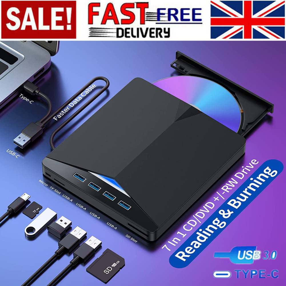 External USB 3.0 DVD Drive – 7-in-1 CD/DVD Writer with 4-Port Hub & Card Reader
